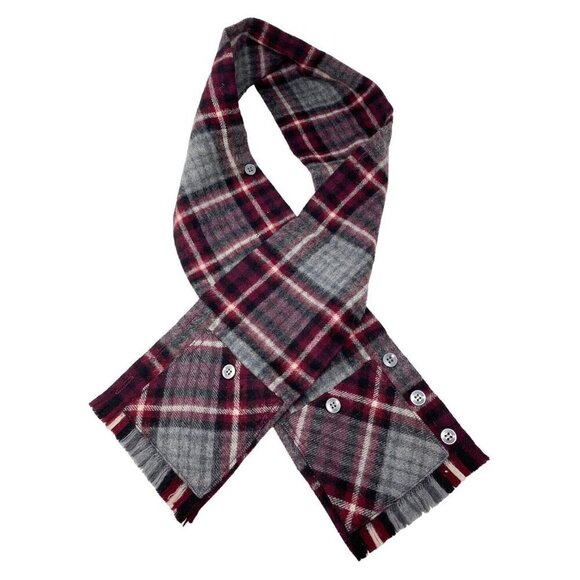 Vintage Plaid Scardigan by Cisco Burgundy Red Buttoned‎ 100% Wool Scarf Pockets - Picture 1 of 5